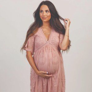 Light Pink Lace Mesh Overlay Maternity Maxi Dress - Small